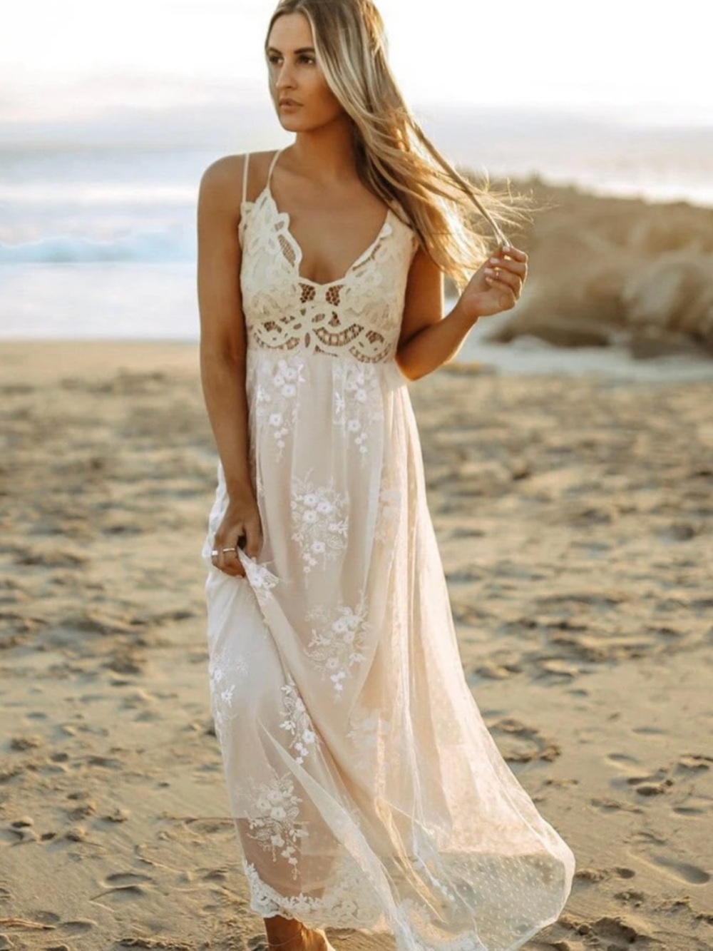 Paradise Island Scalloped Vanilla Lace Maxi Dress